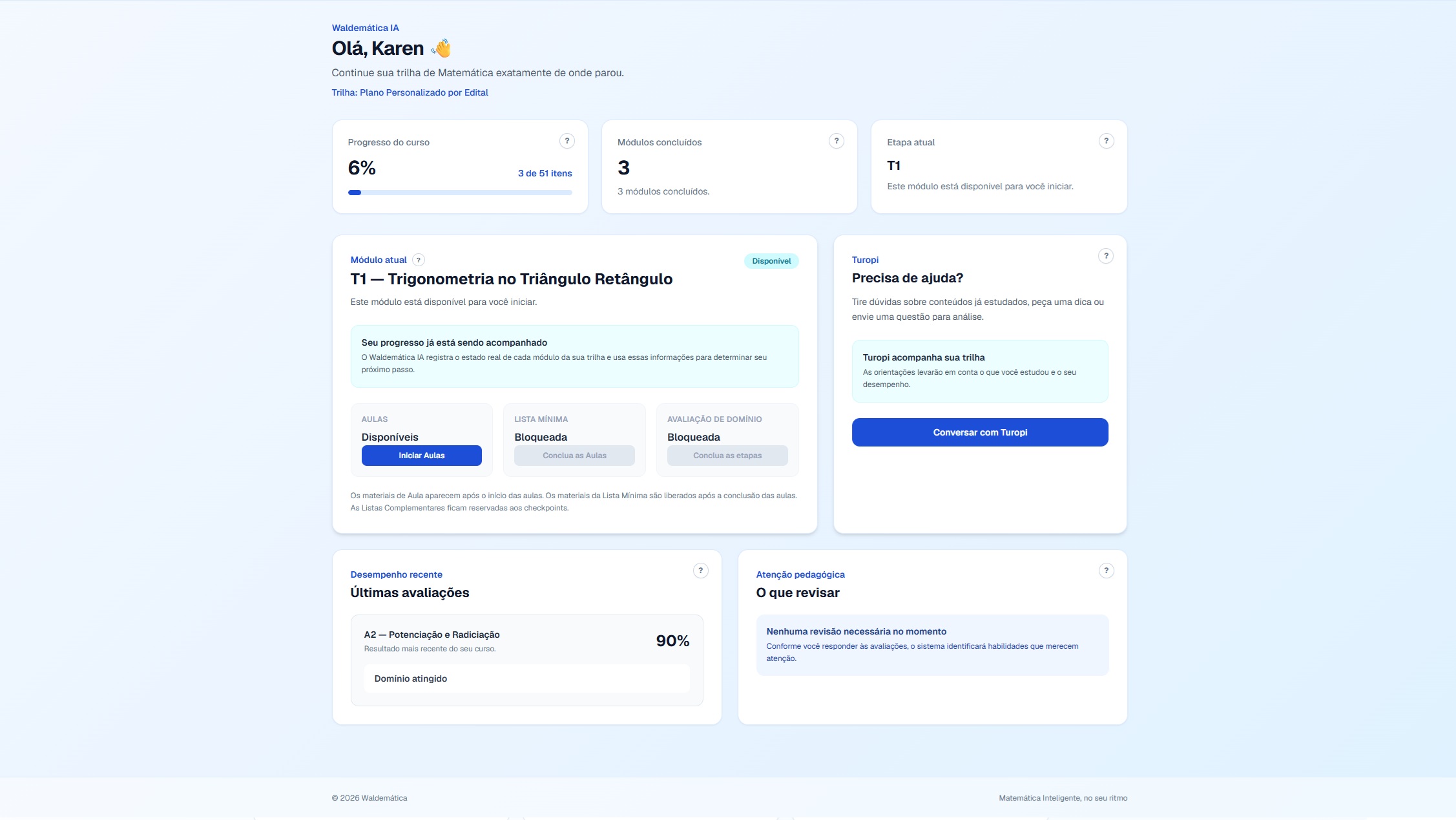 Dashboard do aluno na Waldemática IA