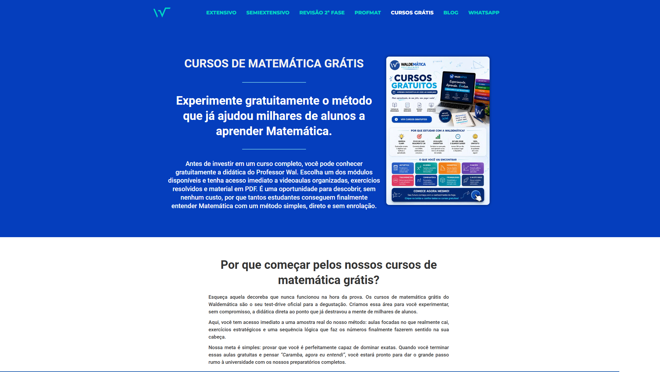 Página de cursos gratuitos da Waldemática