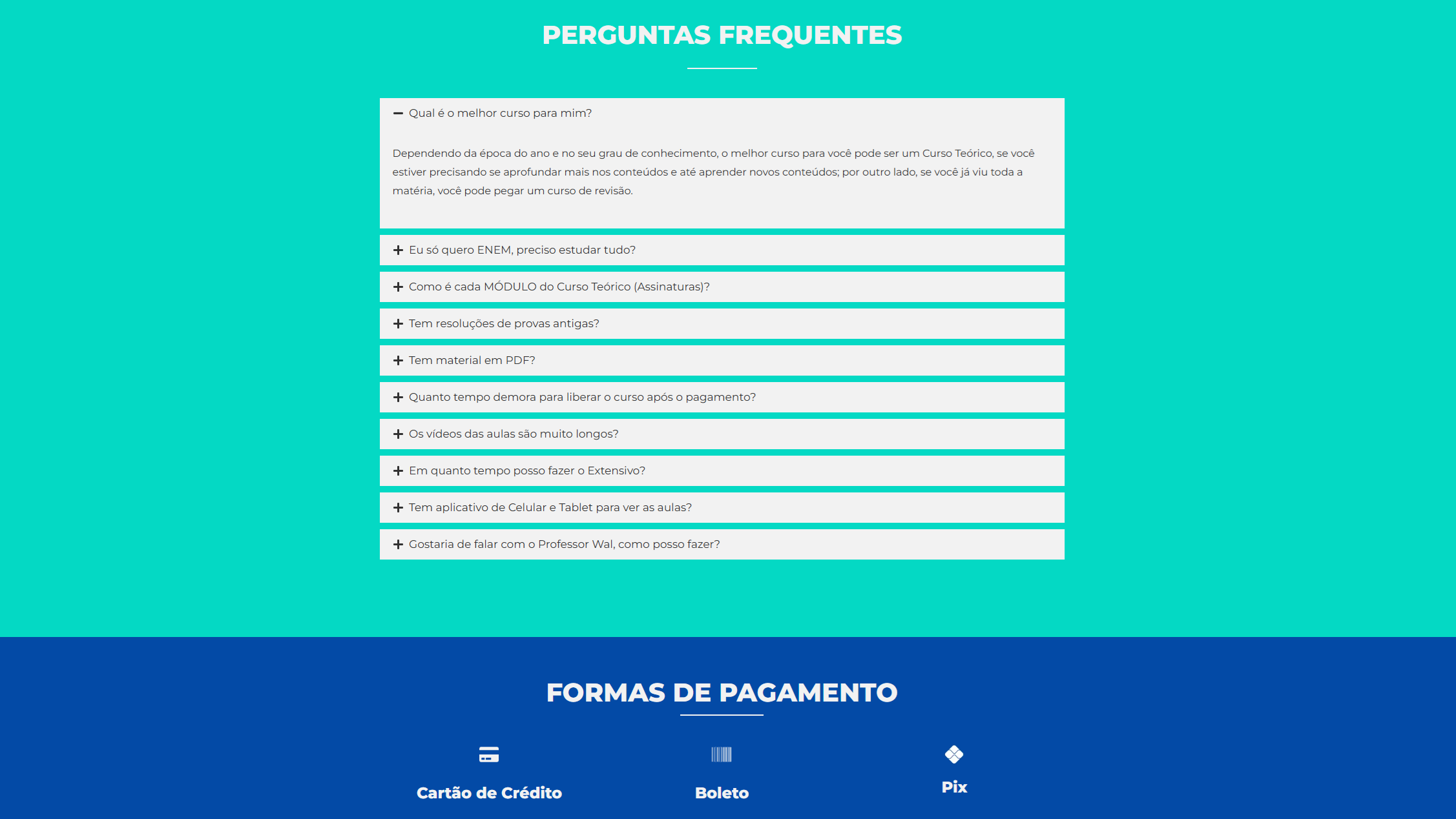 Seção de perguntas frequentes e formas de pagamento do site Waldemática